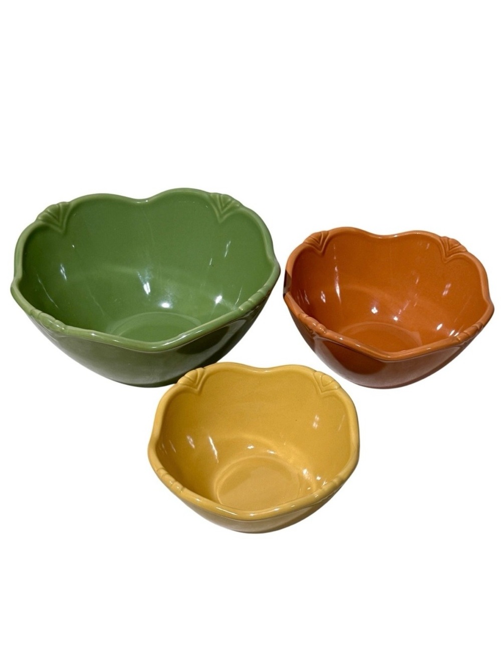 Princess House Pavillion Nesting Bowl Set of 3 Green Orange Yellow Scalloped Rim